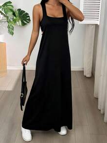 SHEIN EZwear Đầm thường ngày không tay cổ lệch màu đen dành cho nữ, Đầm mùa hè có áo ngực tích hợp - màu đen - Xem 5