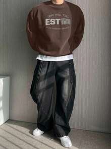 DAZY Pullover Sweatshirt With Letter Print And Independence Day National Flag Design, Autumn - Brown - View 1