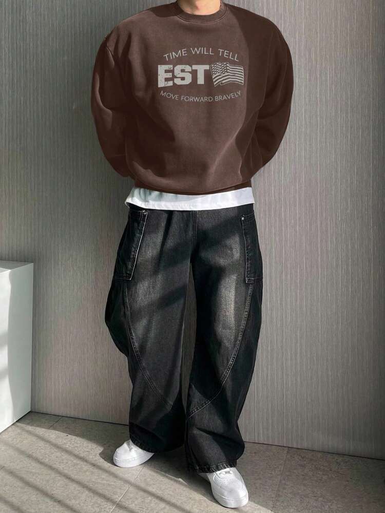 Pullover Sweatshirt With Letter Print And Independence Day National Flag Design, Autumn