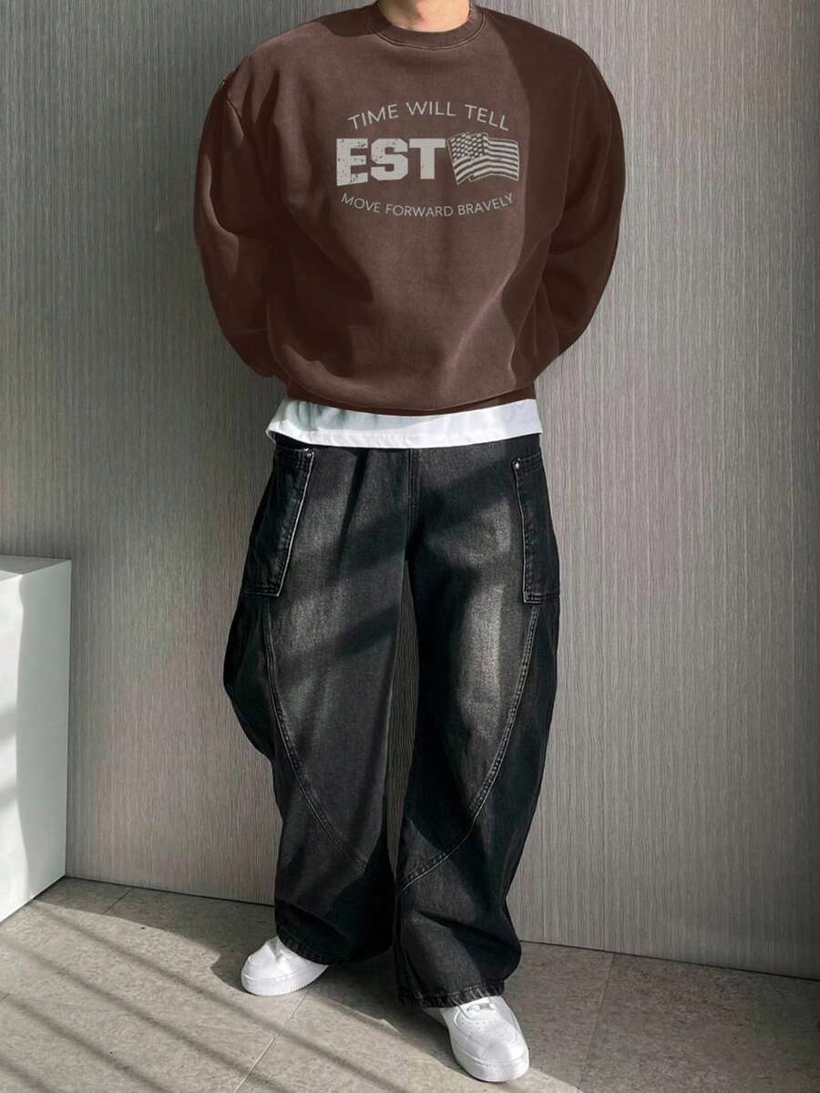 DAZY Pullover Sweatshirt With Letter Print And Independence Day National Flag Design, Autumn - Brown - View 1