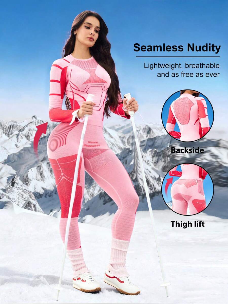 SHEIN Sports Women's Comfortable Printed Long Sleeve Crew Neck Ski Jacket Workout Sets Women Pink Women Active Wear Set Pink Sport Set Pink Activewear Set Gym Clothes Women Set Long Sleeve - Red - View 1