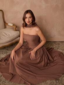 Enchnt Vestido sin tirantes con diseño plisado y acampanado, de moda para fiestas y reuniones - Café integral - Ver 1