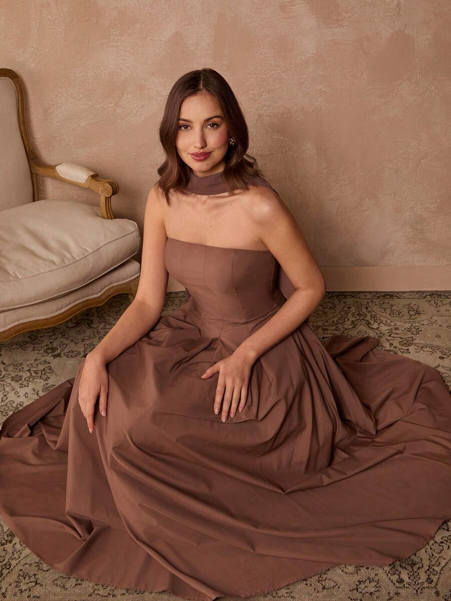 Enchnt Vestido sin tirantes con diseño plisado y acampanado, de moda para fiestas y reuniones - Café integral - Ver 1