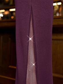 SHEIN Clasi Quần dài thời trang màu trơn đính sequin cho nữ - Màu Đỏ Sâu - Xem 7