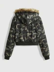 ROMWE J-Fashion Y2K Camo Furry Trim Hooded Sweatshirt Sweatshirt For Women - Army Green - View 2