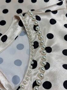 Franclia 女士香槟色优雅圆领珍珠装饰长袖波点印花衬衫，缎面面料，适合通勤、日常优雅穿着、情人节、新年等场合。 - 彩色 - 查看 4