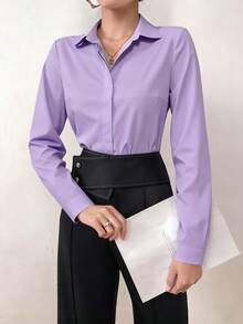 Modelyn Blusa casual de manga larga y hombros regulares de color liso y versátil - Morado - Ver 5