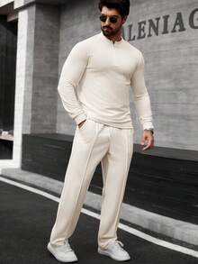 Manfinity CasualCool Bộ đồ nam gồm áo dài tay cổ kéo khóa nửa thân và quần dài màu kem trơn, kiểu dáng thường ngày, 2 món. - Màu be - Xem 5