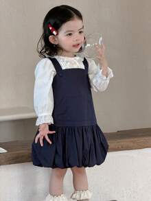 DAZY 女童纯色韩版叠层百搭连衣裙 - 藍色 - 查看 7