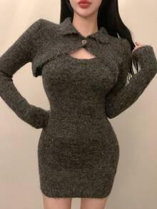 DAZY 女士圆领无袖针织连衣裙和镂空长袖针织上衣 - 灰色 - 查看 4