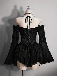 SHEIN ICON 加大码 Y2K 黑色褶皱提花腰带拼接褶皱荷叶边露肩吊带喇叭袖多层荷叶边下摆 A 字雪纺迷你连衣裙，哥特暗黑风格派对装扮 - 黑色 - 查看 2