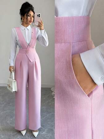 Elenzga Women's Pink Bamboo Fiber Material Front Pearl Button Design, Elegant Teacher Uniform, Professional Casual Elegant Jumpsuit Pants, Suitable For Thanksgiving, Halloween Wear, Versatile Loose Flowy Wide Leg Jumpsuit Pink Jumpsuit Wide Leg Pants Set
