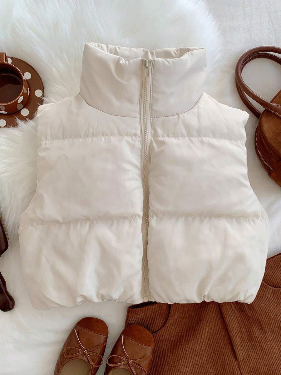 Comfortcana 纯色拉链前开襟短款背心冬装外套 - 杏色 - 查看 1