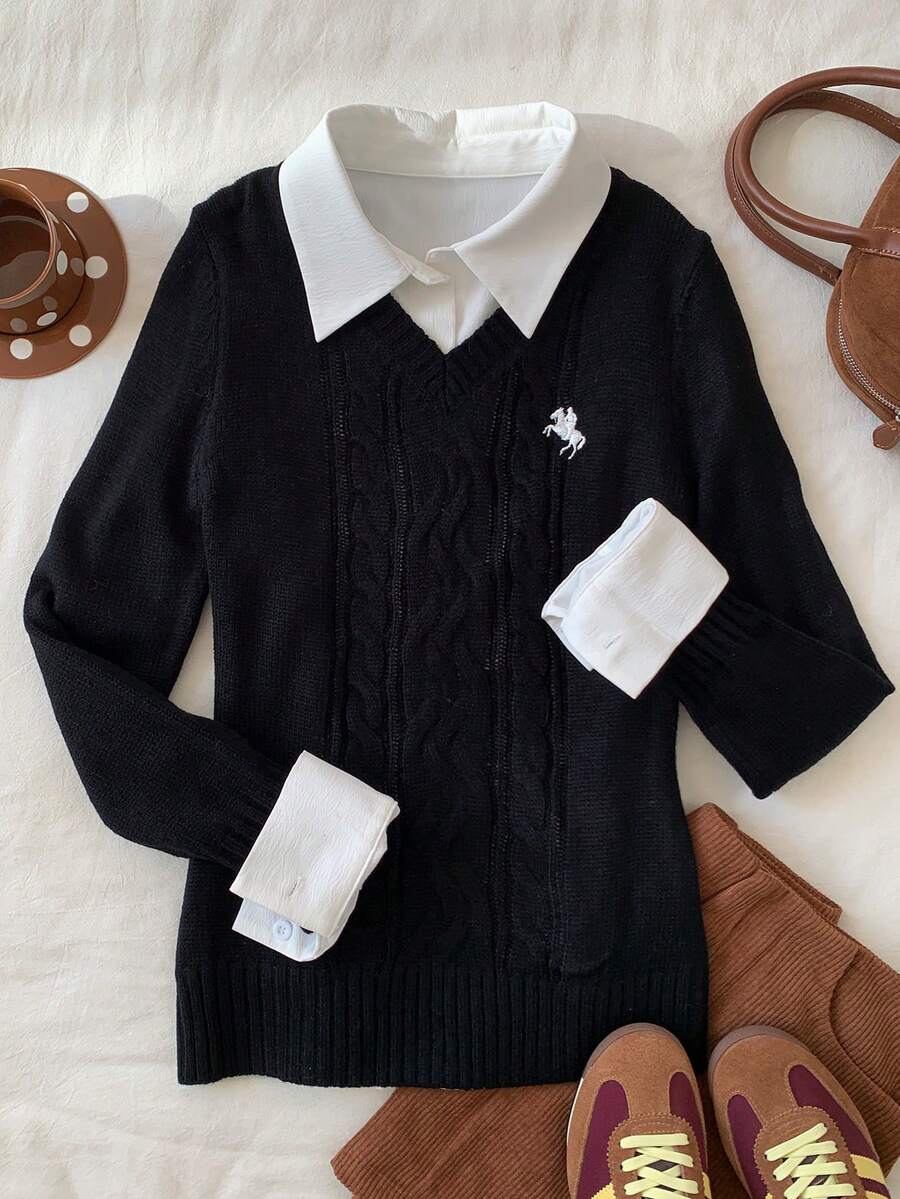 CovetEZ Women's Casual Minimalist Embroidery Detail Sweater,Tops For School In Fall/Winter - Black - View 1