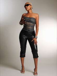 Denimoi Faux Leather Tube Top With Cut Out Detail, Fashionable, Faux Leather Tops, Going Out Tops, GNO - Black - View 3