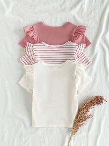 SHEIN Vintaside Kids 3件套女婴舒适休闲常规厚度针织罗纹条纹纯色圆领荷叶边下摆短袖简约T恤，时尚百搭，适合夏季、居家、外出、旅行、上学和日常穿着。 - 彩色 - 查看 2
