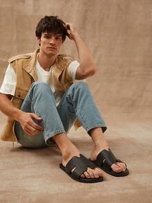 SHUZIA Men's Textured Black Slide Sandals, Anti-Slip, Comfortable, High-End Feeling Holiday Vacay Vibe For Spring Spring Break Easter Mother's Day Present For Christmas - Black - View 5