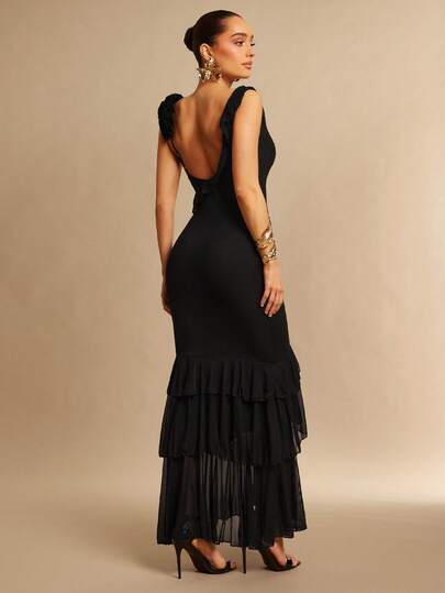 Silquee Vestido maxi elegante y romántico de unicolor negro con decoración floral 3D, volantes multicapa, espalda descubierta, ajustado, asimétrico, plisado, adecuado para citas, conciertos, actuaciones, bodas, fiestas, clubes, eventos de noche, primavera/verano