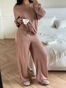 SHEIN EZwear 两件套咖啡棕色针织休闲女式上衣和裤子 - 咖啡棕 - 查看 8