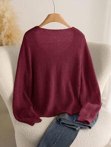 CosyJoli Áo len chui đầu dáng rộng cổ vuông thêu hoa phong cách du lịch thường ngày cỡ lớn cho nữ, mùa thu/đông - Màu Đỏ Sâu - Xem 2