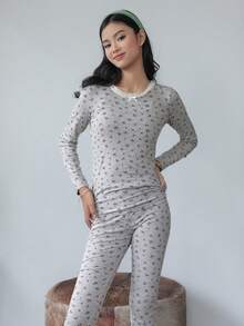 DAZY 少女碎花长袖上衣和裤子睡衣套装 - 灰色 - 查看 3