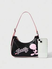 LOONEY TUNES X SHEIN 可爱樱桃印花，黑粉撞色腋下包，少女风，适合日常出行和约会 - 黑色配粉色 - 查看 3