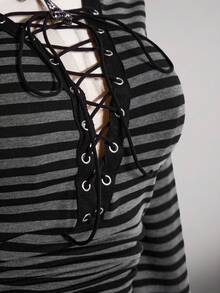 SHEIN ICON Áo thun dệt kim dài tay có mũ trùm đầu họa tiết sọc Punk cổ điển Y2K cỡ lớn - màu đen - Xem 8