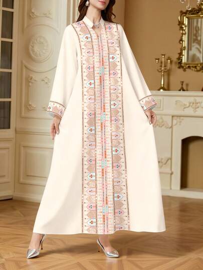 SHEIN Najma Women's Geometric Pattern Faux Embroidery Digital Print V-Neck Long Sleeve Elegant Arabic Maxi Dress, Spring/Autumn Kaftan Jalabiya Dress