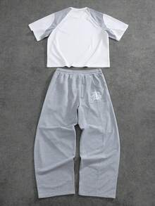 PAVTROS 男士圆领撞色字母印花短袖T恤和抽绳腰休闲裤套装 - 彩色 - 查看 2