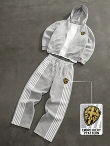 Aesthetic Post--Men's Zipper Front Hoodie And Striped Sweatpants Set, Fall Winter Clothes Mens Sweat Suit Set Designer Sweatsuit Men 2 Piece Set Patched Hoodie Sets Mens Jogger Set - Grey - View 4