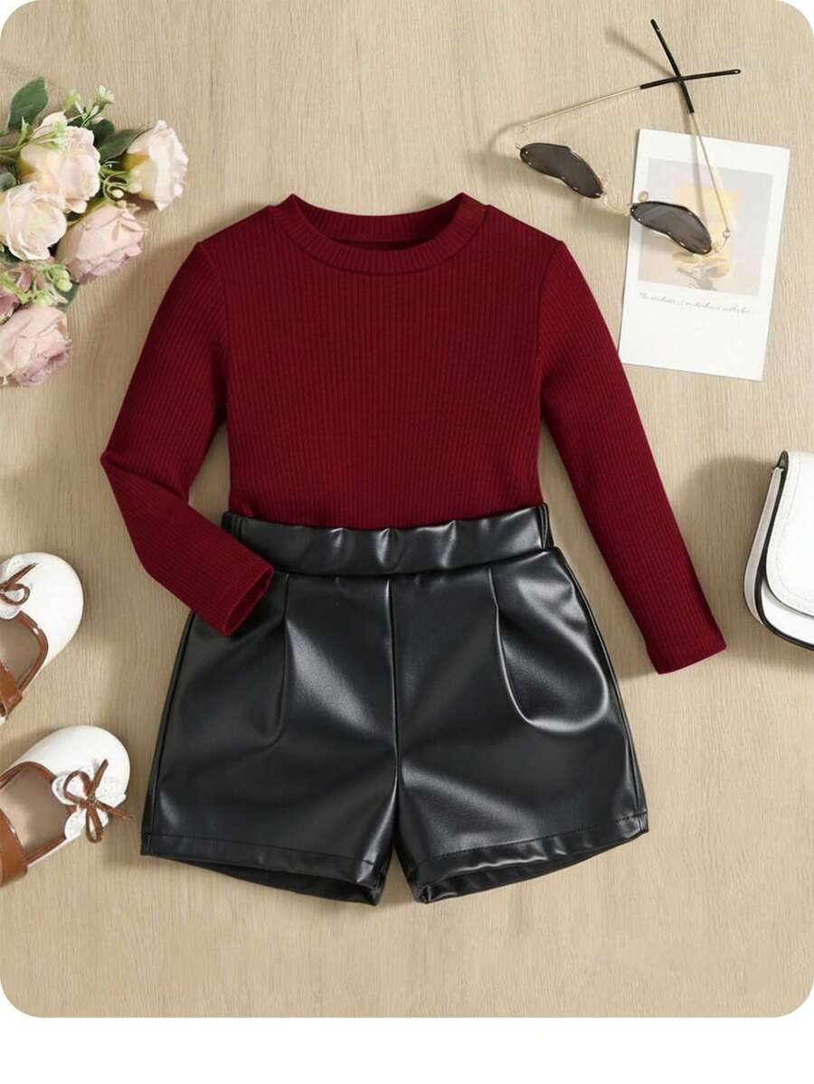 SHEIN 女婴休闲优雅纯色圆领T恤和PU哈伦裤套装 - 彩色 - 查看 1