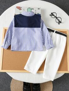 男婴秋冬四件套：蓝白条纹短衬衫、藏青色披肩、白色长裤配提花腰带，休闲百搭，适合生日派对、洗礼、周岁生日庆祝、晚宴、演出、婚礼等场合。 - 彩色 - 查看 2