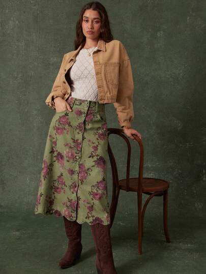 WESTFADE High Waist Scalloped Button Front Cotton Blend Denim A Line Midi Skirt Cute Fall , Casual, Autumn, Winter, Boho, Western Wear For Women, Country Concert