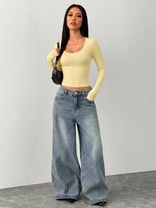 SHEIN PETITE Women's Casual Minimalist Crew Neck Yellow Tight Fit Basic Long Sleeve T-Shirt, Summer & Autumn/Winter - Light Yellow - View 4