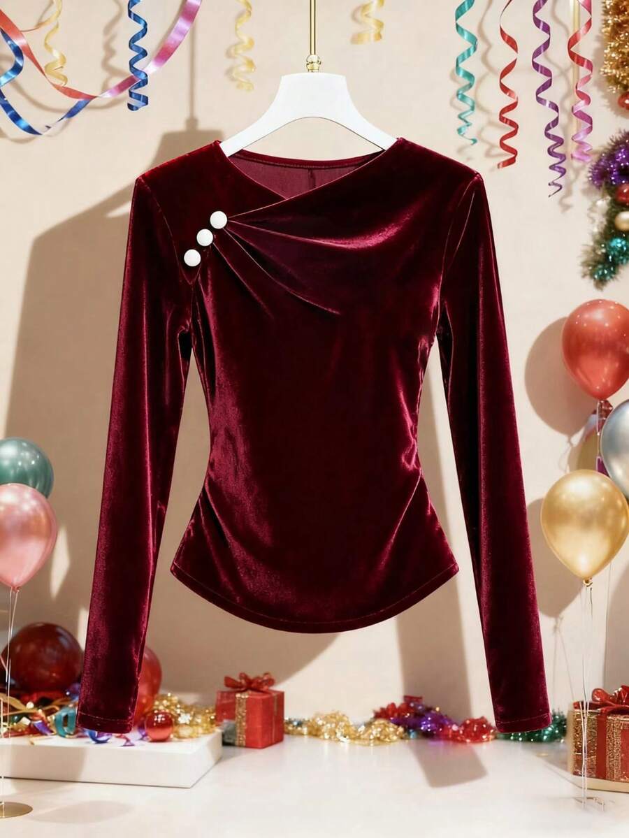 GlowEve 女士优雅纯色天鹅绒长袖T恤，秋冬 - 酒紅色 - 查看 1