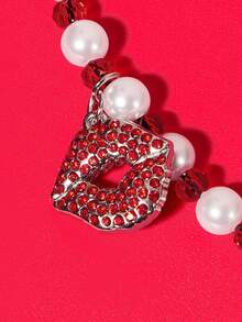 Betty Boop x SHEIN Fashion Zinc Alloy Red White Handmade Beaded Mobile Phone Chain Ladies Sweet Mobile Phone Lanyard Mobile Phone Charm, Love, Love, Kiss,Gift Ideas,Party,Holiday,Valentine's Day