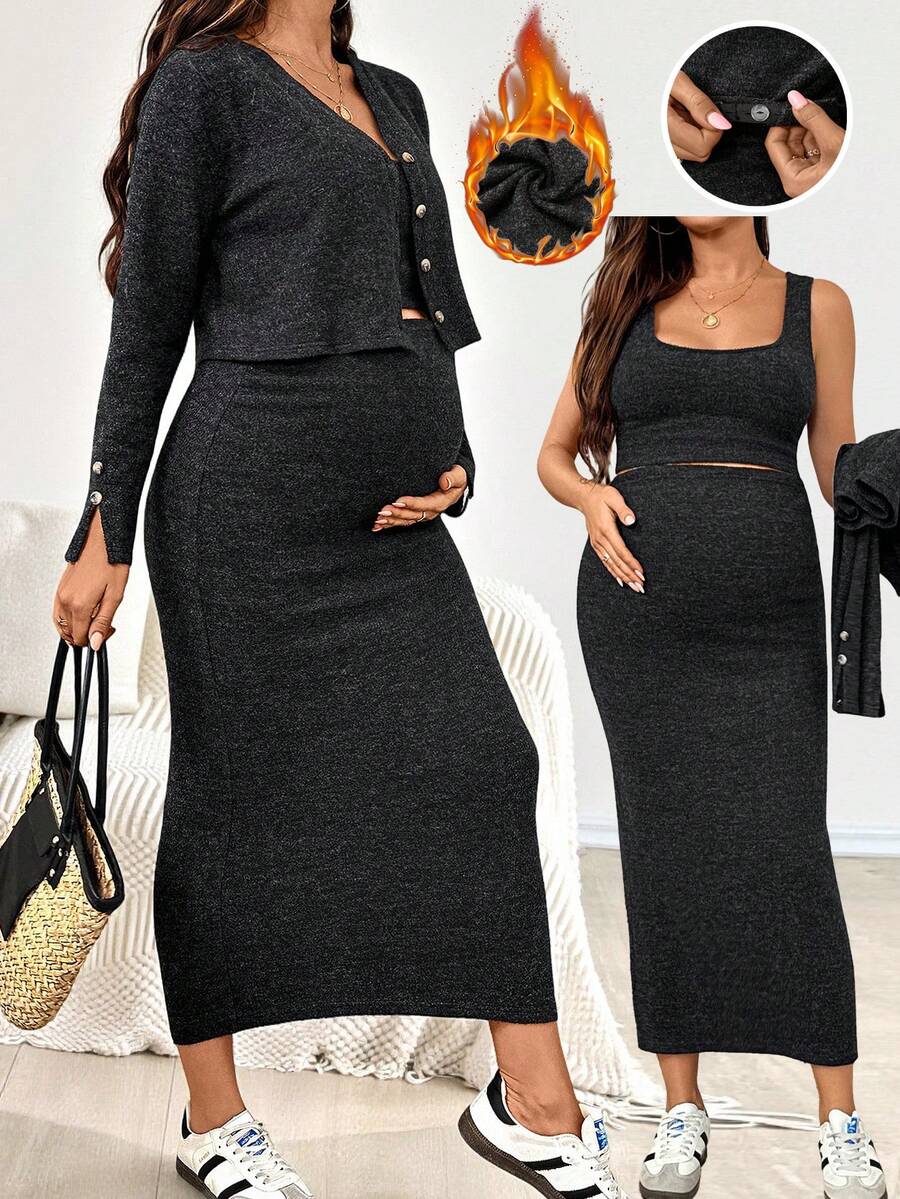 SHEIN Umstandsmode einfarbiger Langarm-Cardigan, Weste mit quadratischem Ausschnitt und verstellbarer Taille Midi-Rock Lässig Anzug, Herbst - Schwarz - Übersicht 1