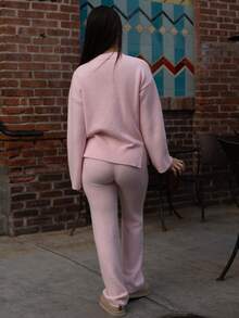 Andrea Bello 女士休闲纯色针织毛衣和裤子两件套，秋冬 - 淺粉色 - 查看 2