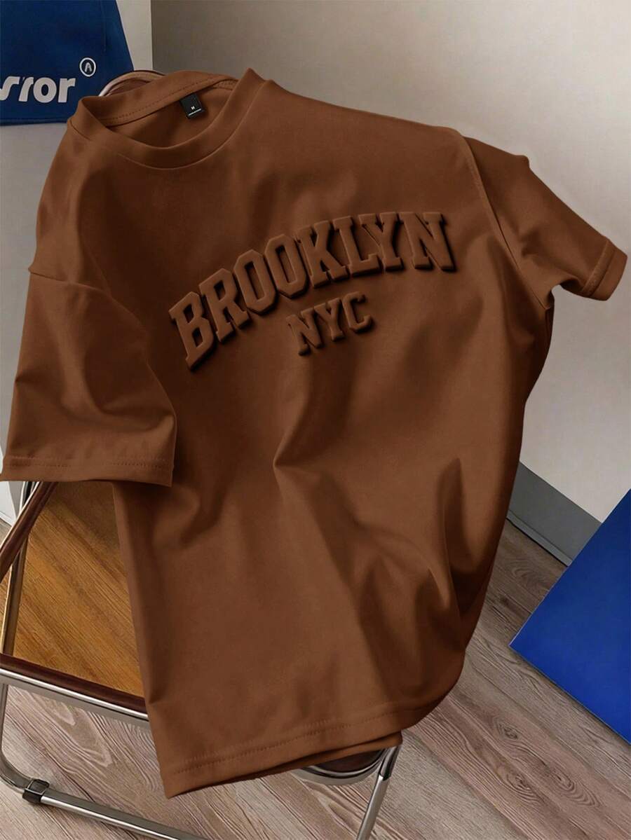 Manfinity Joysei 男士休闲日常通勤美式街头字母压纹落肩宽松短袖T恤，夏季