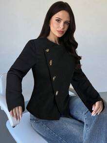 Firerie 女士优雅精致休闲日常通勤新款街头时尚都市风斜襟金属纽扣收腰长袖双面大衣，秋冬款 - 黑色 - 查看 1