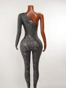 Mistrie Women's Textured Pattern Splicing Oblique Shoulder Single Sleeve Tight Jumpsuit,Gray,Autumn,Elegant,Seksi Chic,Night Out,Y2K Casual Daily Summer Wear - Dark Grey - View 2
