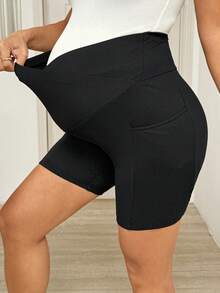 SHEIN Quần legging ngắn cạp chun bất đối xứng màu trơn cho bà bầu - màu đen - Xem 1