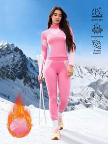 Core Rhythm Women's Contrast Color Heart Print Turtleneck Long Sleeve Ski Suit 2 Pieces Set Pink Sports Set Ski Outfit Women's Thermal Pink Activewear Set Active Wear Women Set - Hot Pink - View 1
