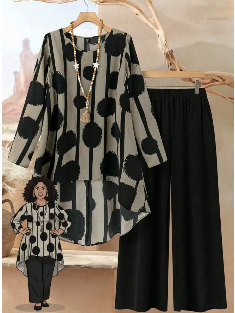 Rusticease Plus Size Women 2pcs Set Geometric Print Round Neck Long Sleeve Asymmetric Hem Top And Pants, Casual, Winter Set