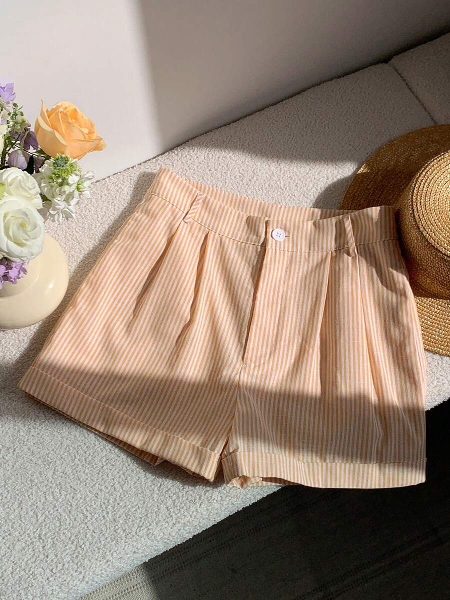 SHEIN EZwear 女士休闲条纹卷边短裤,夏季 - 黃色 - 查看 1
