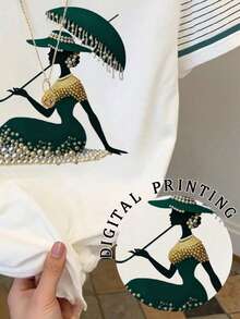 Resyla Women's Casual Striped Patchwork Figure Print T-Shirt, Summer - White - View 5