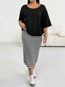 Shapeblank Plus Size Striped Print Fitted Sleeveless Dress And Asymmetric Collar Loose Black Top 2 Pieces Set - Black and White - View 4