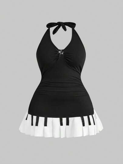 Grunge Punk Plus Size Y2K Micro Mini Skirt Dress, Vintage Pleated Suspender Keyboard Print