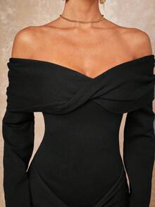 Lumalex Off-Shoulder Flare Sleeve Waist Cinched Ruched Tie-Knot Maxi Sweater Dress For Women - Black - View 4