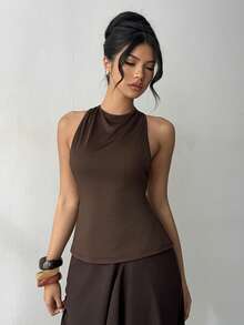 Aloruh Camiseta ajustada marrón con cadena de cuentas de resina y espalda descubierta para mujer - Marrón - Ver 6